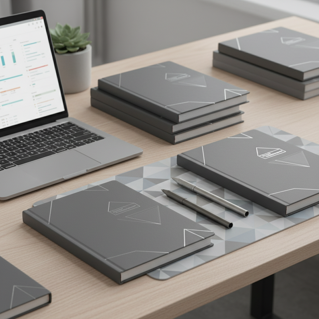 An array of neatly stacked, high-quality matte-grey project management notebooks with foil-embossed covers, resting on an elegantly organized desk surface finished in light ash wood. Surrounding the notebooks are sleek metallic pens, a laptop with a minimalist interface visible on the screen, and a geometric-patterned desk pad. Soft, diffused studio lighting highlights the subtle textures of the materials, casting gentle, well-defined shadows that suggest meticulous order. The mood is calm and disciplined, with a corporate, organized feel. Shot from a slightly elevated angle with a shallow depth of field, the focus is sharp on the notebooks in the foreground, while the background gently blurs. The overall effect is photographic, structured, and clean, echoing business professionalism and project planning precision.
